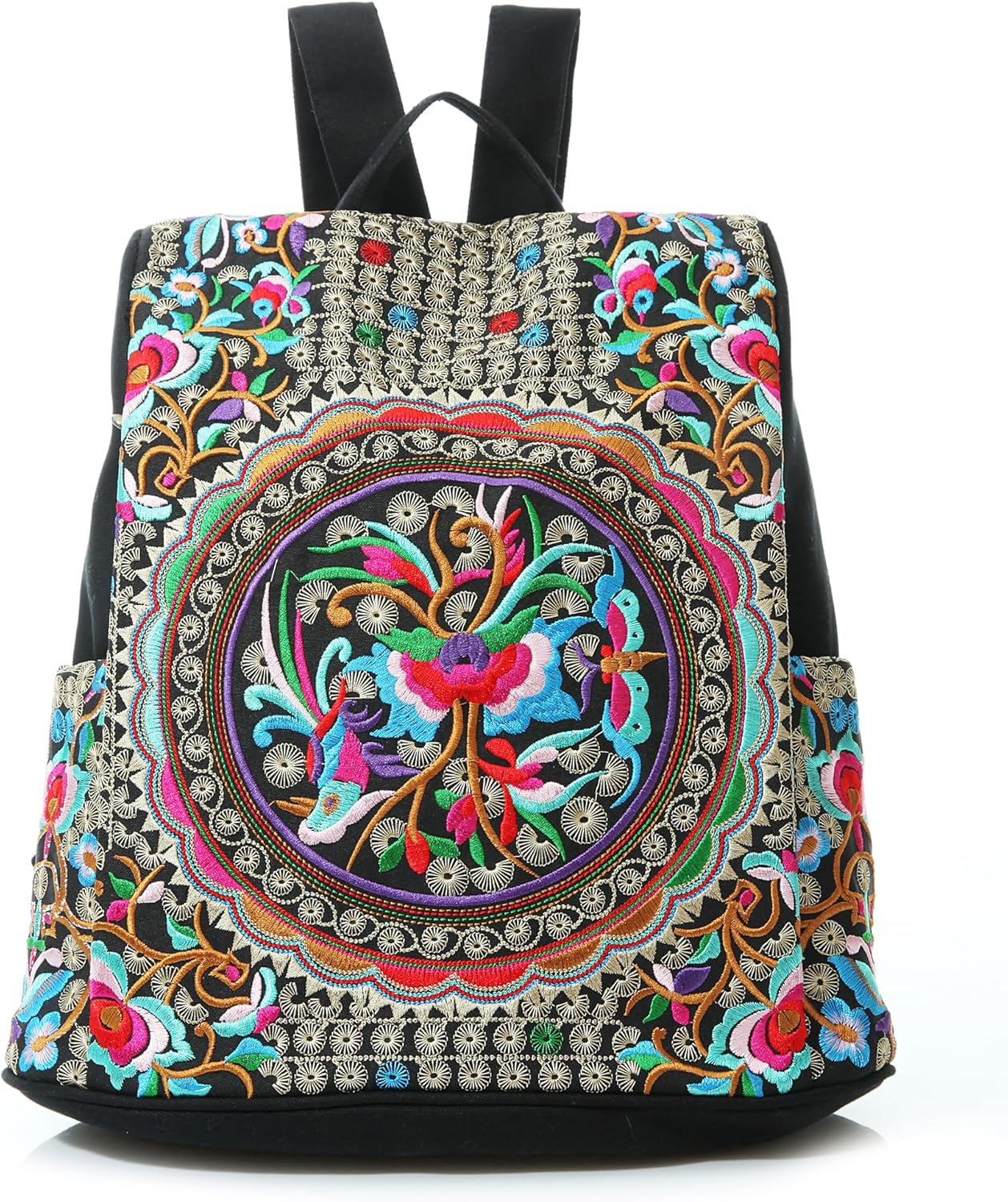 Jursccu Embroidered Women Backpack Purse, Fashion Canvas Travel Anti-theft Rucksack Shoulder Bag (Flower Embroidery)