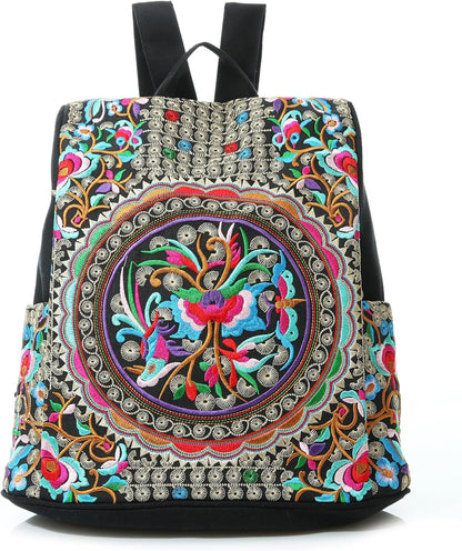 Jursccu Embroidered Women Backpack Purse, Fashion Canvas Travel Anti-theft Rucksack Shoulder Bag (Flower Embroidery)