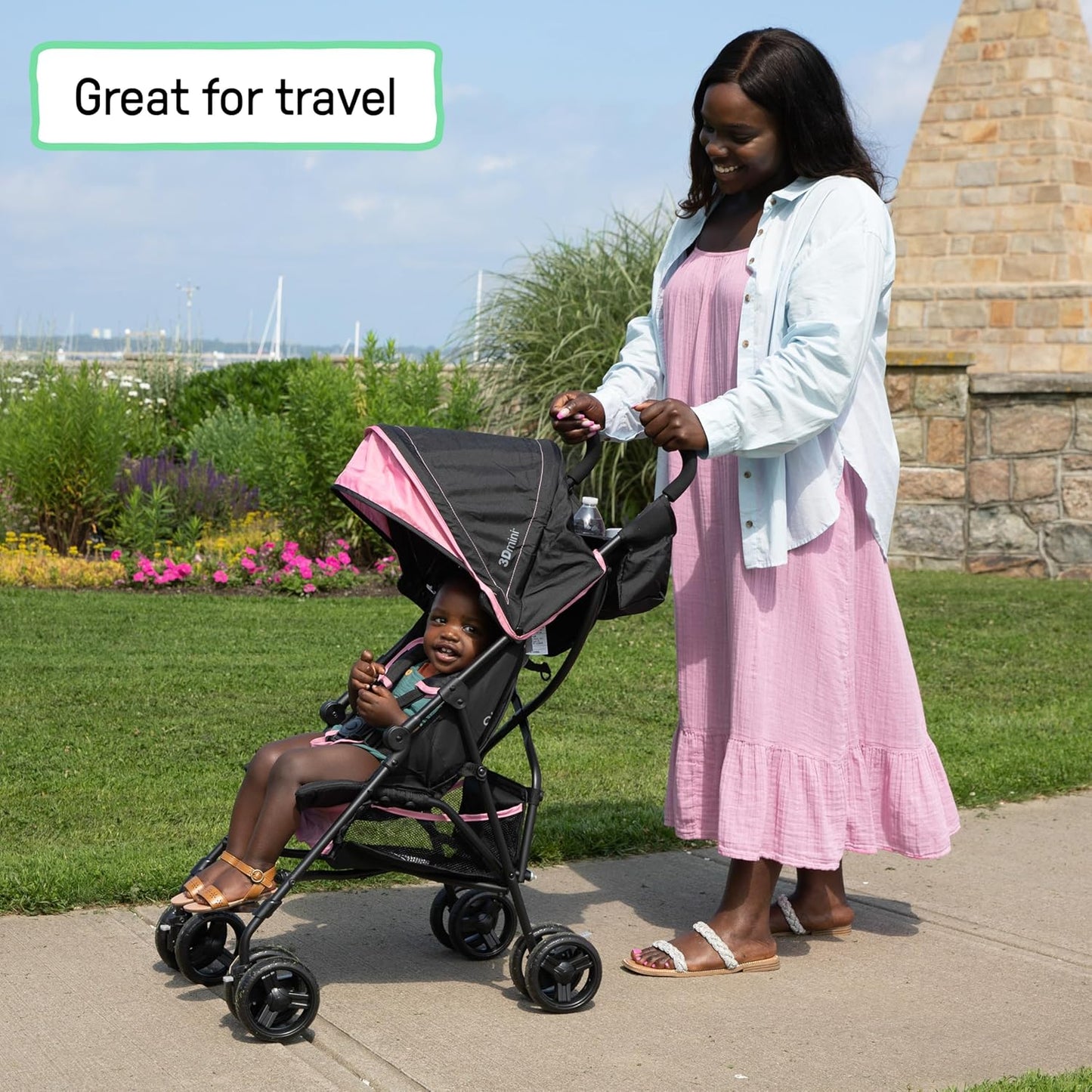 Ingenuity 3D Mini Convenience Stroller – Lightweight Stroller with Compact Fold, Multi-Position Recline, Canopy with Pop Out Sun Visor and More – Umbrella Stroller for Travel, Pink