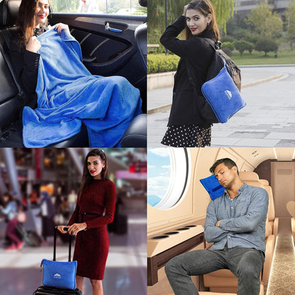 BlueHills 2-Pack Premium Soft Travel Blanket Pillow Airplane Blanket in Soft Bag Pillowcase with Hand Luggage Belt and Backpack Clip, Compact Pack Large Blankets for Any Travel Royal Blue T015