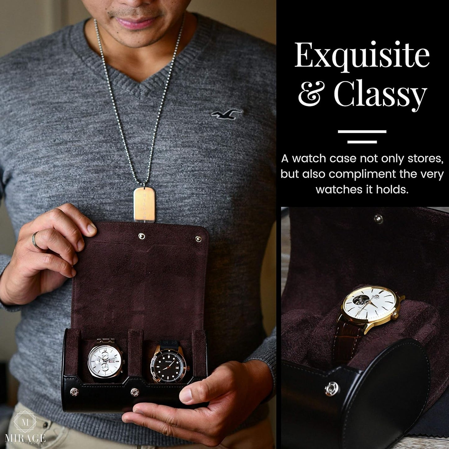 2 Watch Case for Men - Watch Roll Travel Case - Jade Black Motif Vegan Leather