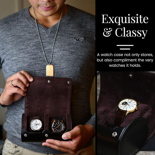 2 Watch Case for Men - Watch Roll Travel Case - Jade Black Motif Vegan Leather