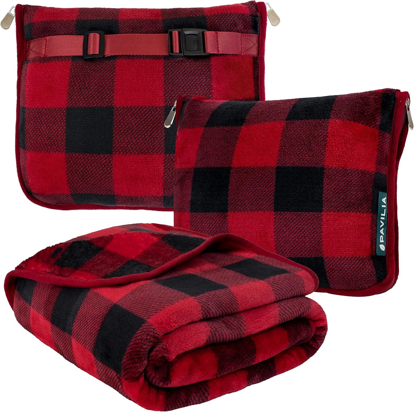PAVILIA Travel Blanket Pillow, Soft Airplane Blanket 2-IN-1 Combo Set, Plane Blanket Compact Packable, Flight Essential Car Pillow, Travelers Gift Accessories Luggage Backpack Strap, 60x43 Checker Red
