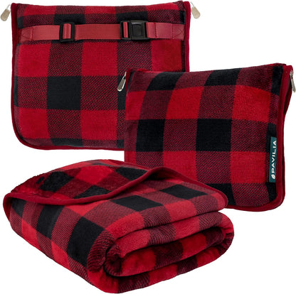 PAVILIA Travel Blanket Pillow, Soft Airplane Blanket 2-IN-1 Combo Set, Plane Blanket Compact Packable, Flight Essential Car Pillow, Travelers Gift Accessories Luggage Backpack Strap, 60x43 Checker Red