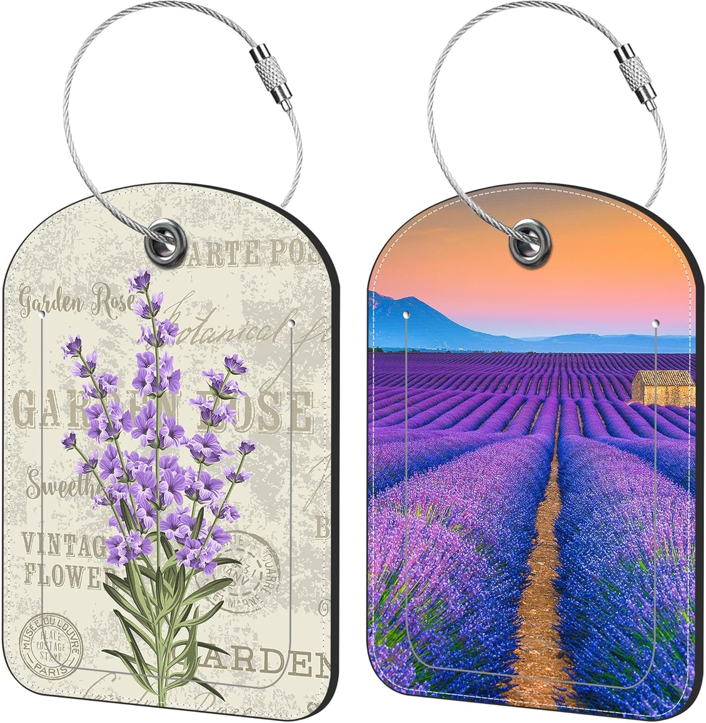 Purple Lavender Luggage Tag for Suitcase Set of 2 PU Leather Cute Luggage Tags with Stainless Metal Loop ID Label Privacy Flap Suitcase Tags for Women and Men Travel