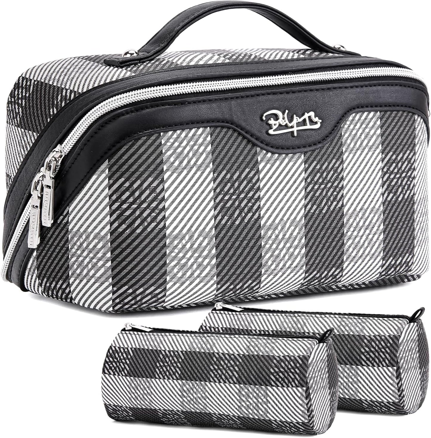 BOYATU Makeup Bag Travel Cosmetic Bag: 3 Pcs Set Portable Make up Bags for Women with Handle - Waterproof Vegan Leather Toiletry Organizer Bags with Comparments (F-01-Black)