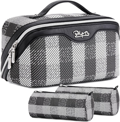 BOYATU Makeup Bag Travel Cosmetic Bag: 3 Pcs Set Portable Make up Bags for Women with Handle - Waterproof Vegan Leather Toiletry Organizer Bags with Comparments (F-01-Black)