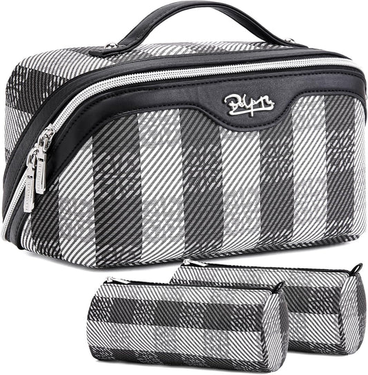 BOYATU Makeup Bag Travel Cosmetic Bag: 3 Pcs Set Portable Make up Bags for Women with Handle - Waterproof Vegan Leather Toiletry Organizer Bags with Comparments (F-01-Black)