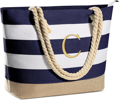 YOOLIFE Initial Canvas Waterproof Beach Tote Bag Zipper Personalized Gifts for Women Her Birthday Travel Beach Essential