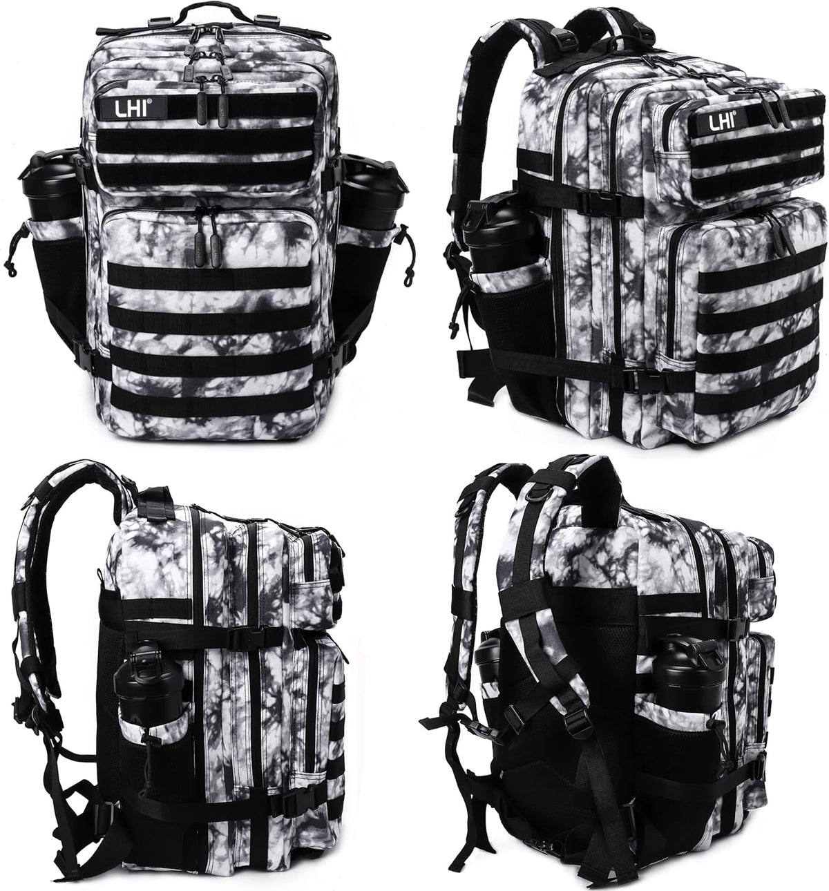 LHI Military Tactical Backpack for Men Molle Daypack 45L Army 3 Days Assault Pack Bag Large Rucksack With Bottle Holder Black and White(12*20*12)