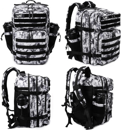 LHI Military Tactical Backpack for Men Molle Daypack 45L Army 3 Days Assault Pack Bag Large Rucksack With Bottle Holder Black and White(12*20*12)