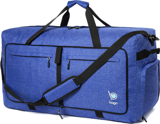 Bago Large Foldable Duffel Bags for Traveling Women & Men - 100L Packable Duffle Bag for Travel with Shoe Compartment - Water Repellant, Heavy Duty, Lightweight Folding & Collapsible (SnowDepBlue)