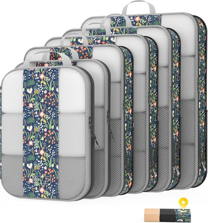 6 Set Compression Packing Cubes for Travel Essentials,Compressible Expandable Packing Cubes for Suitcase,OlarHike Luggage Organizer Bags for Travel(Dark Blue Floral)
