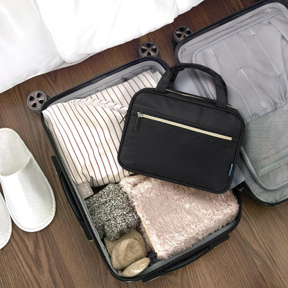 PAVILIA Hanging Toiletry Bag Travel Bag Women Men, Foldable Cosmetic Organizer, Roll up Makeup Bag, Water Resistant Accessories Toiletries, Large Travel Essentials Kit (Black Gold)