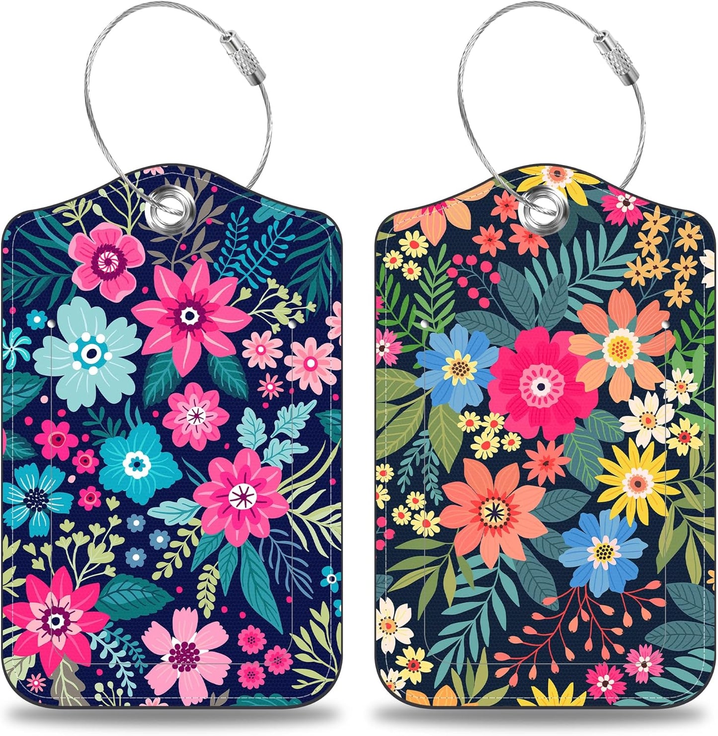 2 Pcs Colorful Flowers and Leaves Luggage Tags for Suitcases PU Leather Baggage Tags Name ID Label with Privacy Cover and Stainless Steel Loop for Men Women Travel Bag Suitcase