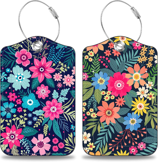2 Pcs Colorful Flowers and Leaves Luggage Tags for Suitcases PU Leather Baggage Tags Name ID Label with Privacy Cover and Stainless Steel Loop for Men Women Travel Bag Suitcase