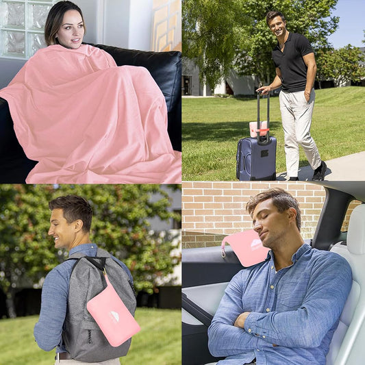 BlueHills Travel Blanket Pillow Compact Lightweight Pocket Size Airplane Traveling Essential Flight Trip Throw in Bag Portable Case Plane Accessory Pink L02