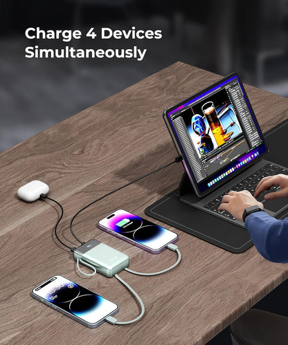 Portable-Charger-Power-Bank Travel Essentials Battery Pack USB C 30000mAh Built in Cable 22.5W Phone Fast Charging Powerbank Compatible with iPhone 16 15 14 13 12 11 iPad Samsung Google (Green)