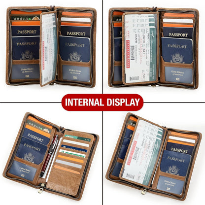Top Grain Leather Travel Passport Wallet Holder for Man & Woman, Handmade with Three-Layer for 4 Passports & Multi Cards, RFID Blocking Large Capacity for Cards/Passports/Tickets, Brown
