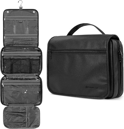 PAVILIA Hanging Toiletry Bag Women Men, Foldable Cosmetic Organizer Travel Bag, Water Resistant Makeup Bag Toiletries, Large Travel Essentials Kit (Black)