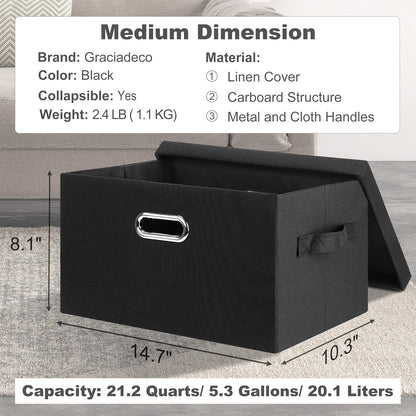 Medium 15" 21 Quart Collapsible Stackable Storage Bins with Lids, 1 Pack Black Foldable Fabric Closet Storage Boxes with Lids, 4 Handles Heavy-duty Linen Cube Baskets for Bedroom