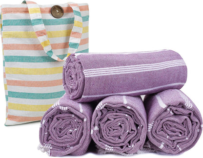HILLFAIR Cotton Turkish Beach Towels, Quick Dry Lightweight Sand Free Peshtemal Towel for Bath Swim Yoga Spa Travel, Beach Accessories, Oversized Cotton Turkish Towels (39 x 72 inch- 4 Pack Purple)