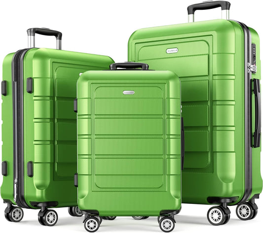 SHOWKOO Luggage Sets Expandable PC+ABS Durable Suitcase Sets Double Wheels TSA Lock Green 3pcs