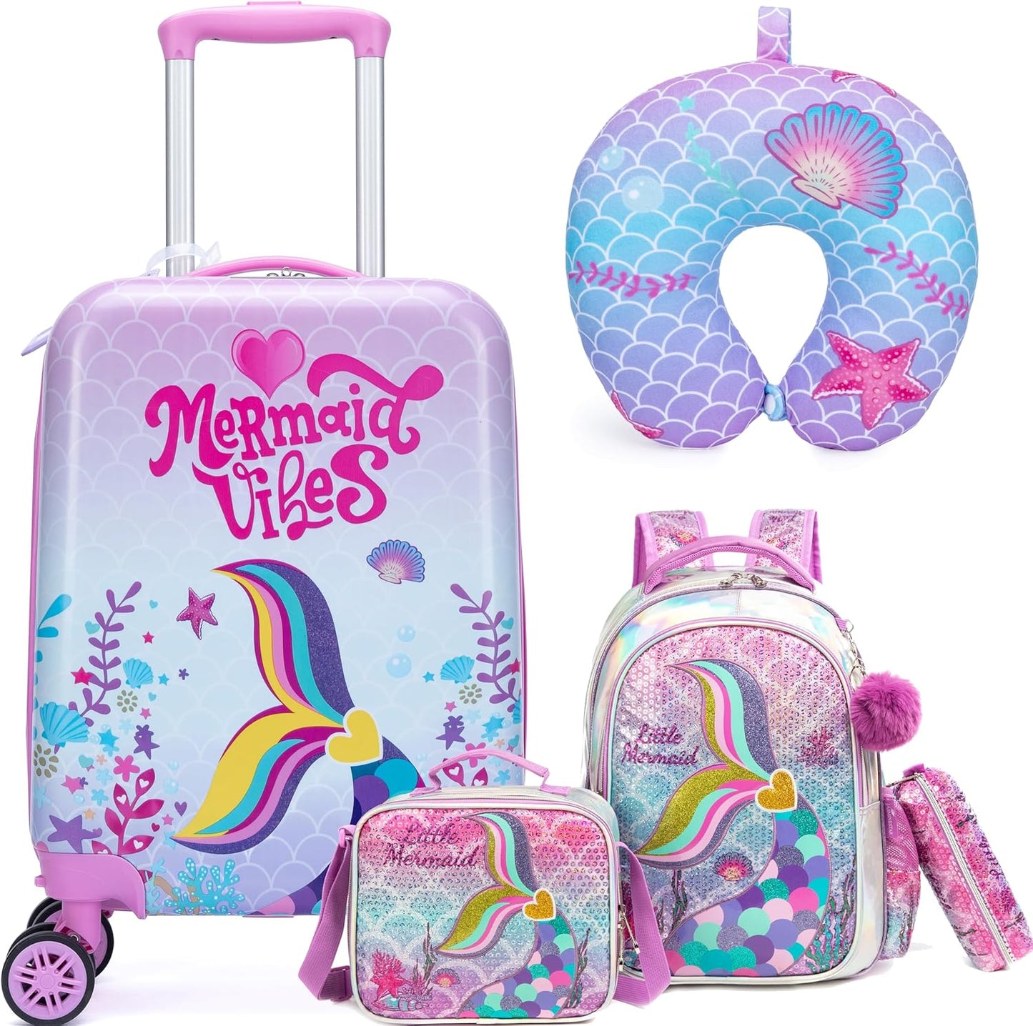 Cute Pink Mermaid Kid’s Luggage Set 5 Piece Suitcase Set 16’’ Hardside Luggage with Spinner Wheels Girls Boys Carry on Toddler Luggage Travel Rolling Luggage Carry on Luggage Airline Approved