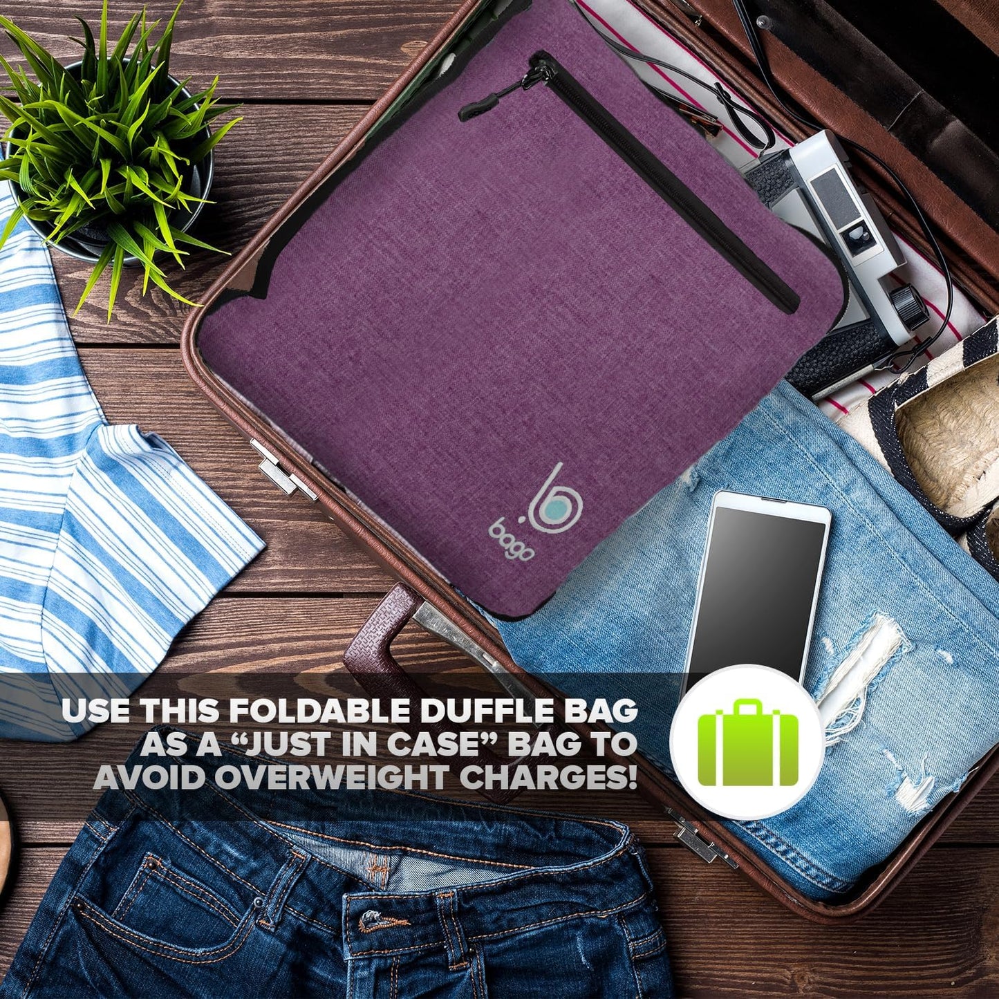 Bago Foldable Duffel Bags for Traveling Women & Men - 60L Medium Packable Duffle Bag for Travel with Shoe Compartment - Water Repellant, Heavy Duty, Lightweight Folding & Collapsible (SnowDepPurple)