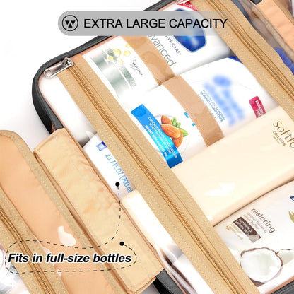 Travel Hanging Toiletry Bag for Women, Holds Full-Size Shampoo, with Jewelry Organizer Compartment, Extra Large Makeup Bag, Waterproof Cosmetic Bag, Toiletries Kit Set with Trolley Belt, Black