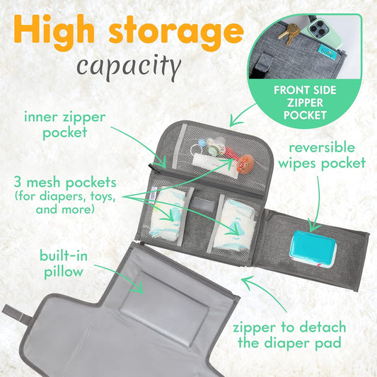 Kopi Baby Portable Diaper Changing Pad - Baby Diaper Changer Travel Bag with Wipes Pocket, Smart Design Portable Changing Mat, Infant Travel Station Kit, Gift for Newborn Girl & Boy - Grey, Premium