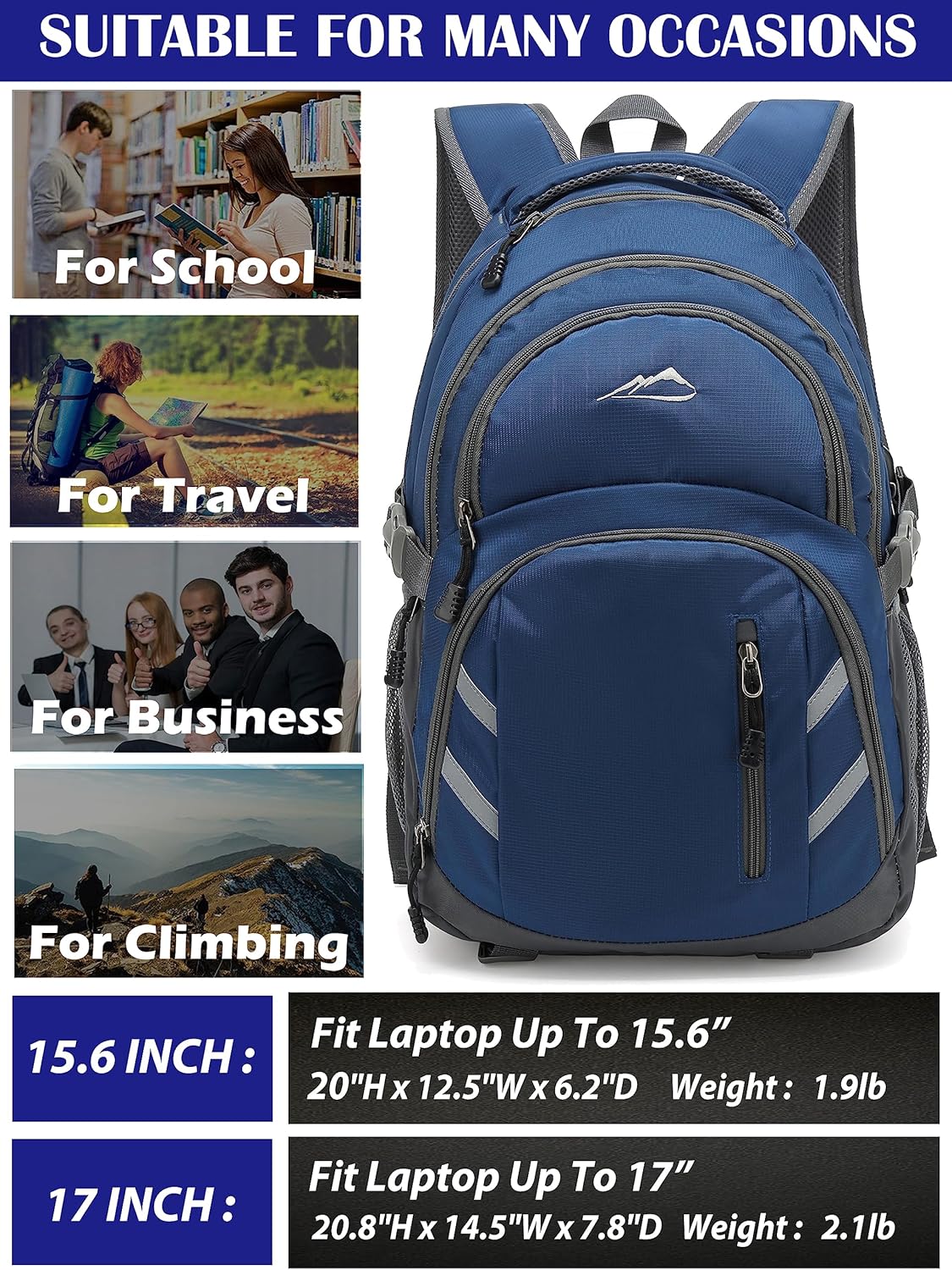 ProEtrade Backpack Bookbag for College Laptop Travel,Fit Laptop Up to 15.6 inch with USB Charging Port Multi Compartment Anti theft, Gift for Women Men (Blue)