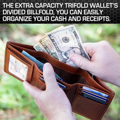 ID Stronghold Extra Capacity Trifold Wallet for Men - RFID Blocking Genuine Leather Wallet (Antiqued Brown)