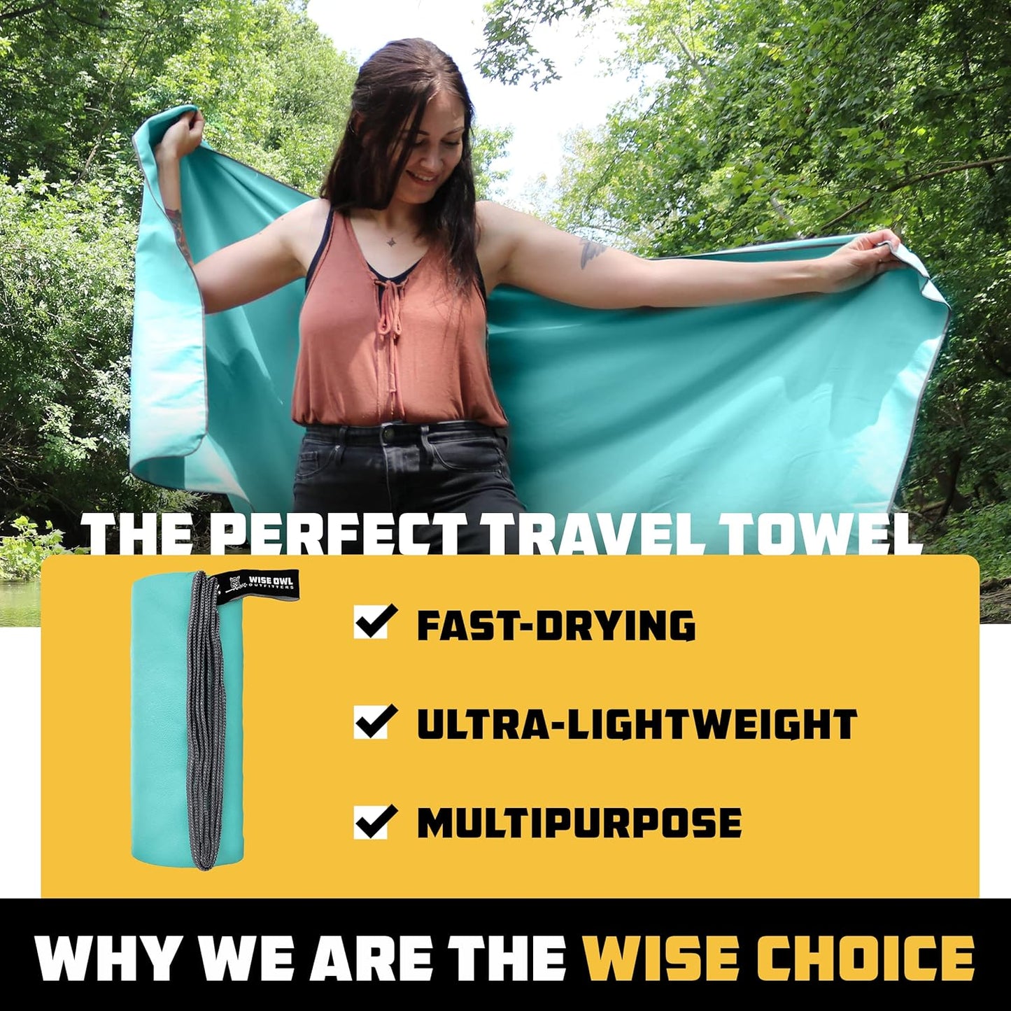 Wise Owl Outfitters Microfiber Camping Towel - Quick Dry Towel for Travel, Backpacking, Hiking, Beach, Gym & Yoga - Compact, Fast Drying & Lightweight