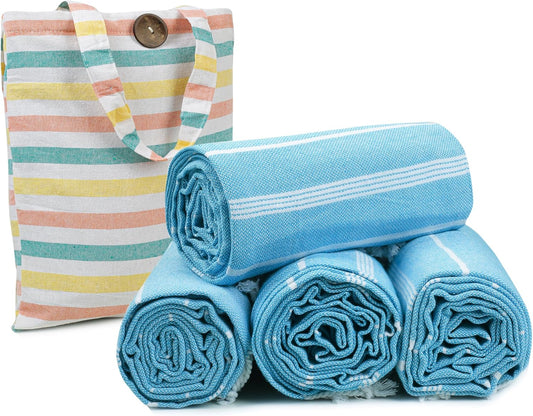 HILLFAIR Cotton Turkish Beach Towels, Quick Dry Lightweight Sand Free Peshtemal Towel for Bath Swim Yoga Pool Travel, Beach Accessories, Oversized Cotton Turkish Towels (39 x 72 inch- 4 Pack Sky)