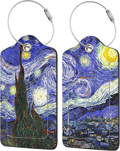 2 Pack The Starry Night Luggage Tags for Suitcases,Starry Night Van Gogh Leather Baggage Suitcases Tag Name ID Label Privacy Cover Travel Bag Tags for Women Men Boys Girls