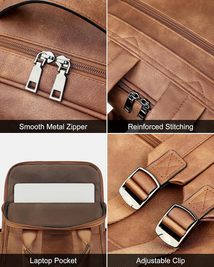 MASINTOR 15.6 inch PU Leather Laptop Backpack Purse for Women, Large College Casual Backpack Travel Bag Mocha Brown