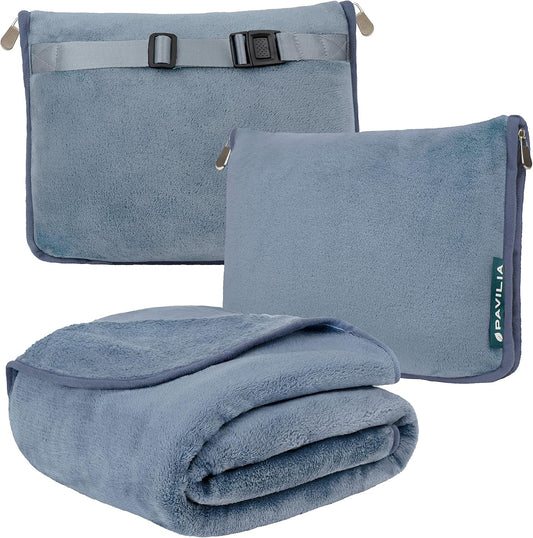 PAVILIA Travel Blanket Pillow, Soft Airplane Blanket 2-IN-1 Combo Set, Plane Blanket Compact Packable, Flight Essentials Car Pillow, Travelers Gift Accessories Luggage Backpack Strap, 60x43 Slate Blue