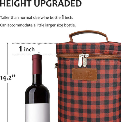 Tirrinia 2 Bottle Wine Gift Tote Carrier - Leakproof & Insulated Padded Versatile Cooler Bag for Travel, BYOB Restaurant, Tasting, Party, Dinner - Gift for Lovers, Red Checker