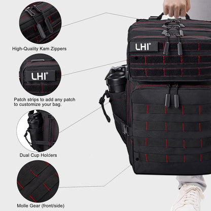 LHI Military Tactical Backpack for Men and Women 45L Army 3 Days Assault Pack Bag Large Rucksack with Shoe Compartment - Black red line