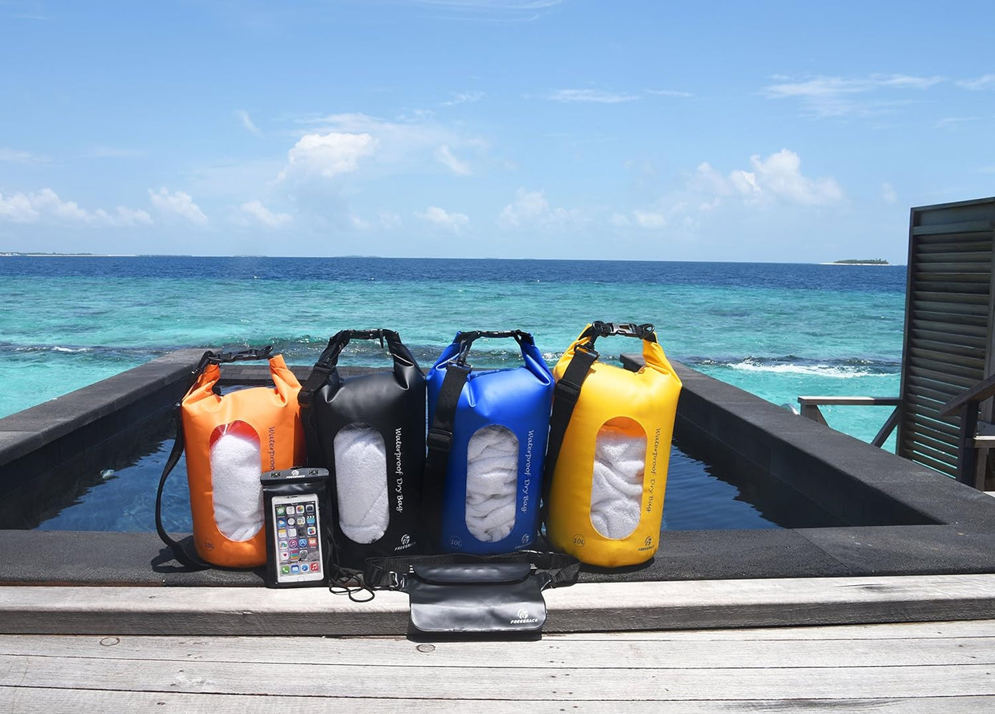Freegrace Waterproof Dry Bags Set of 3 Dry Bag with 2 Zip Lock Seals & Detachable Shoulder Strap, Waist Pouch & Phone Case - Can Be Submerged Into Water - for Swimming (Orange(Window), 20L)