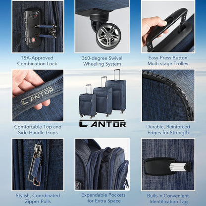 Cantor Ultra Lightweight Softside Luggage with Spinner Wheels, Set of 3, Expandable Suitcase with Retractable Handle and ID Tag, and Interlocking Zippers with TSA Lock