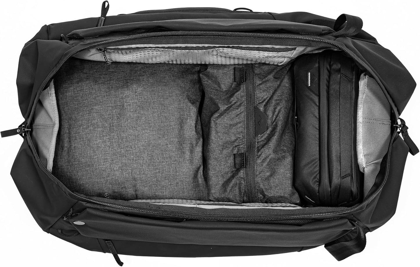 Peak Design Travel Duffelpack 45-65L, Black, Weatherproof Duffel Backpack, Expandable Design, Extra-Long Zip Path, Stowable Straps, Fits Packing Cubes and Camera Cubes, Versatile Duffel Bag for Travel