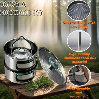 Stainless Steel Camping Cookware, durable, easy to clean, and quick to heat up. Compact camping cookware set, perfect for family picnics, camping, backpacking, hiking.