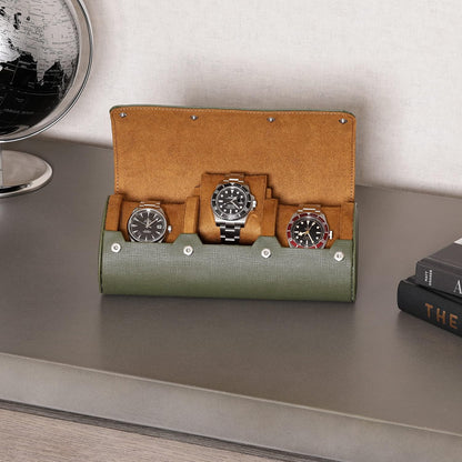 ROTHWELL Watch Roll Travel Case for 3 Watches | Tough Portable Protection, Fits All Wrist Watch & Smart Watches Up to 50mm (Green/Tan)