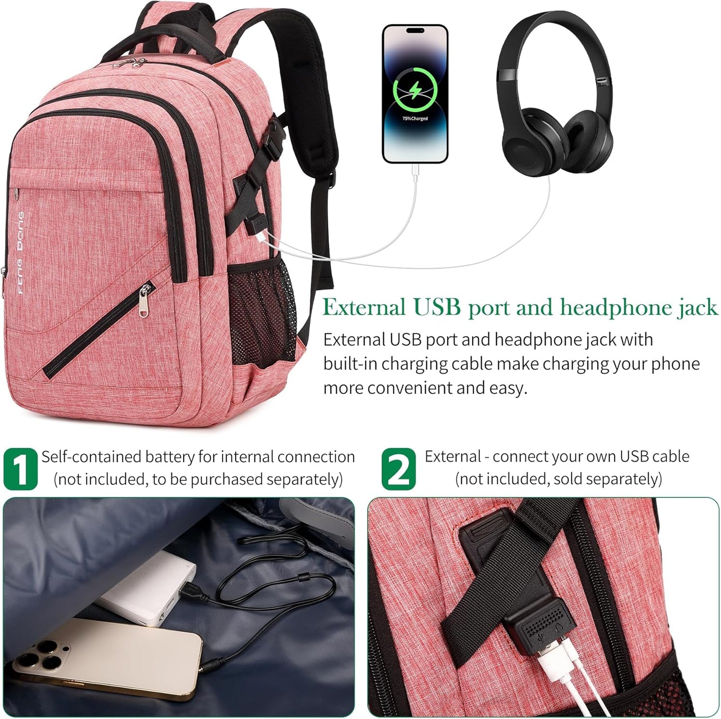 FENGDONG Large Laptop Backpack 17.3 inch Durable Waterproof Travel College Backpack Bookbag for Men & Women Business Backpack with USB Charging Port and Headset Port Light Pink