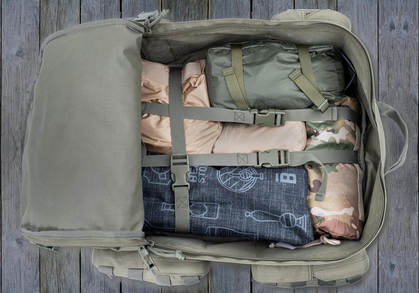 Large Tactical Backpack Bag with Stowable Shoulder Straps for Hiking, Camping, Traveling, Bug-Out 58L