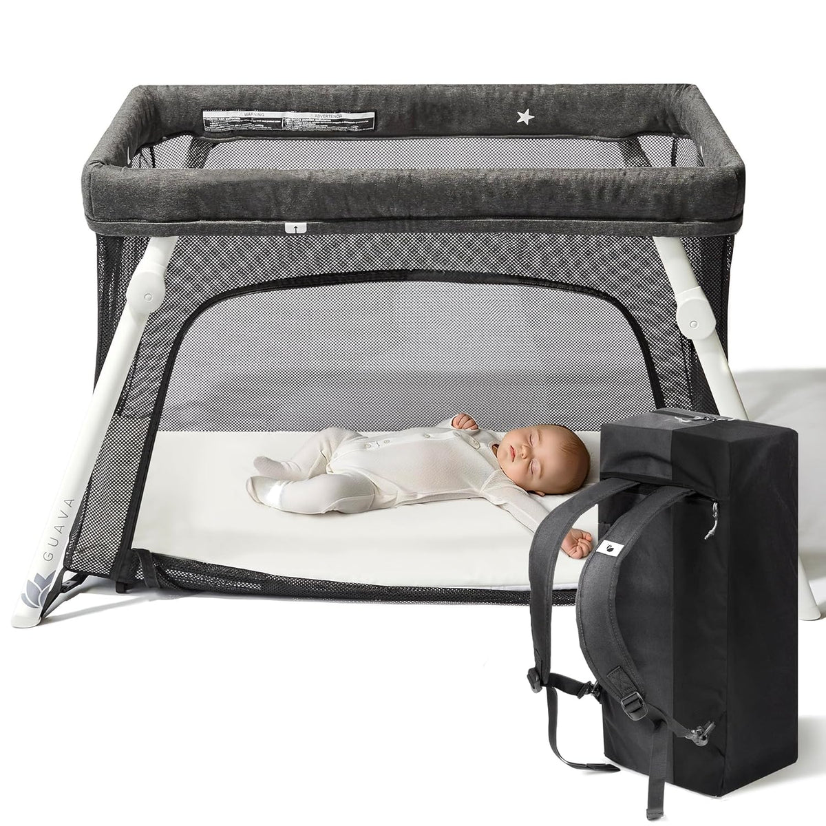 Guava Family Travel Crib includes Lightweight Backpack Design | Certified Baby Safe Portable Crib | Folding Play Yard, Comfy Mattress for Babies, Toddlers | Compact Baby Travel Bed