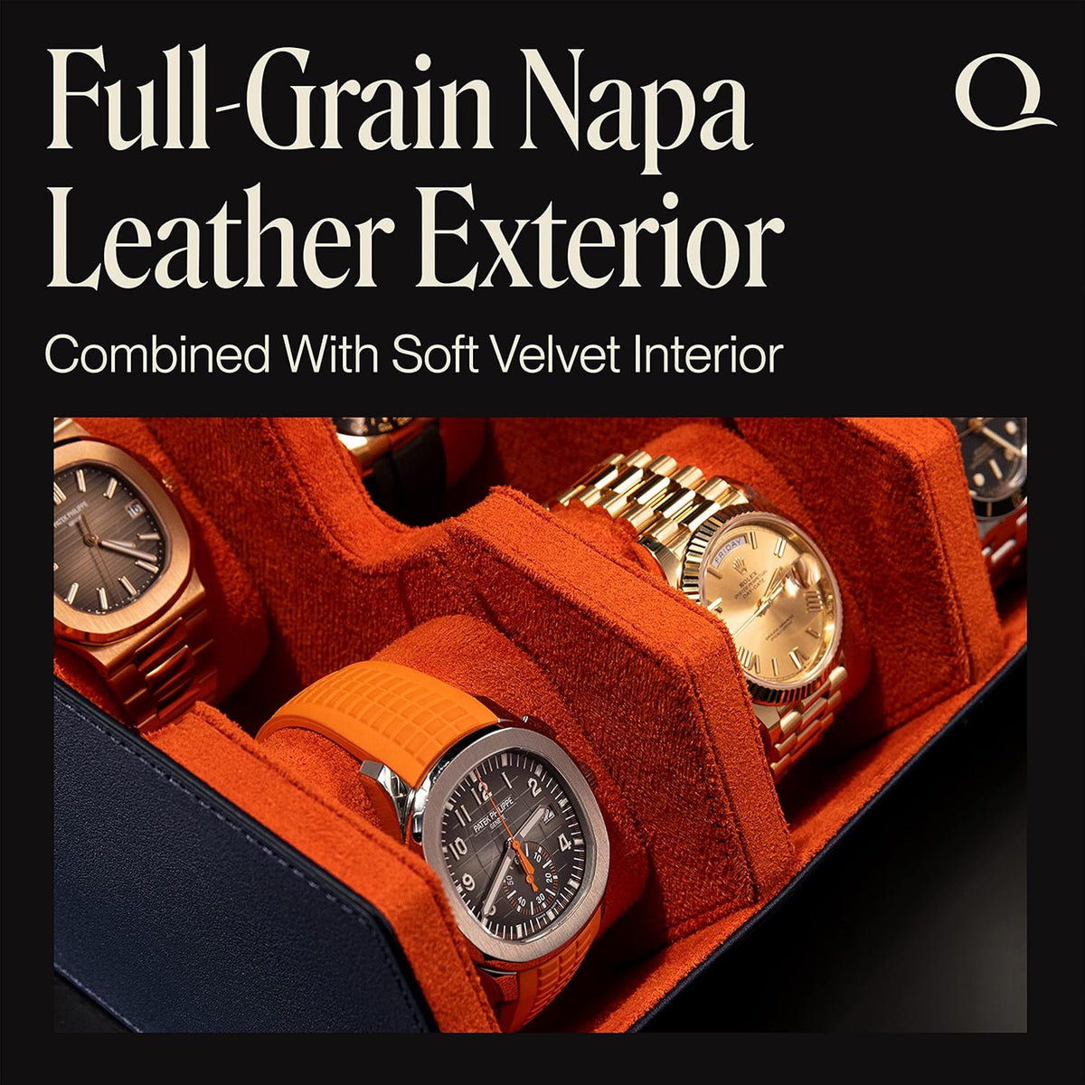 Napa Leather Watch Case for Men - Watch Roll Storage Organizer & Watch Display - Six Slot Luxury Watch Box for Home or Travel - Mens 6 Watch Holder Case (Blue Orange)