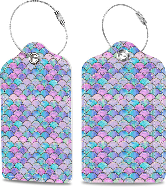 2 Pack Luggage Tags for Suitcase Watercolor Mermaid Fish Scale Wave Leather Stainless Steel Loop Label Tags for Women Men Travel Bag Suitcase with Privacy Cover Name ID Card
